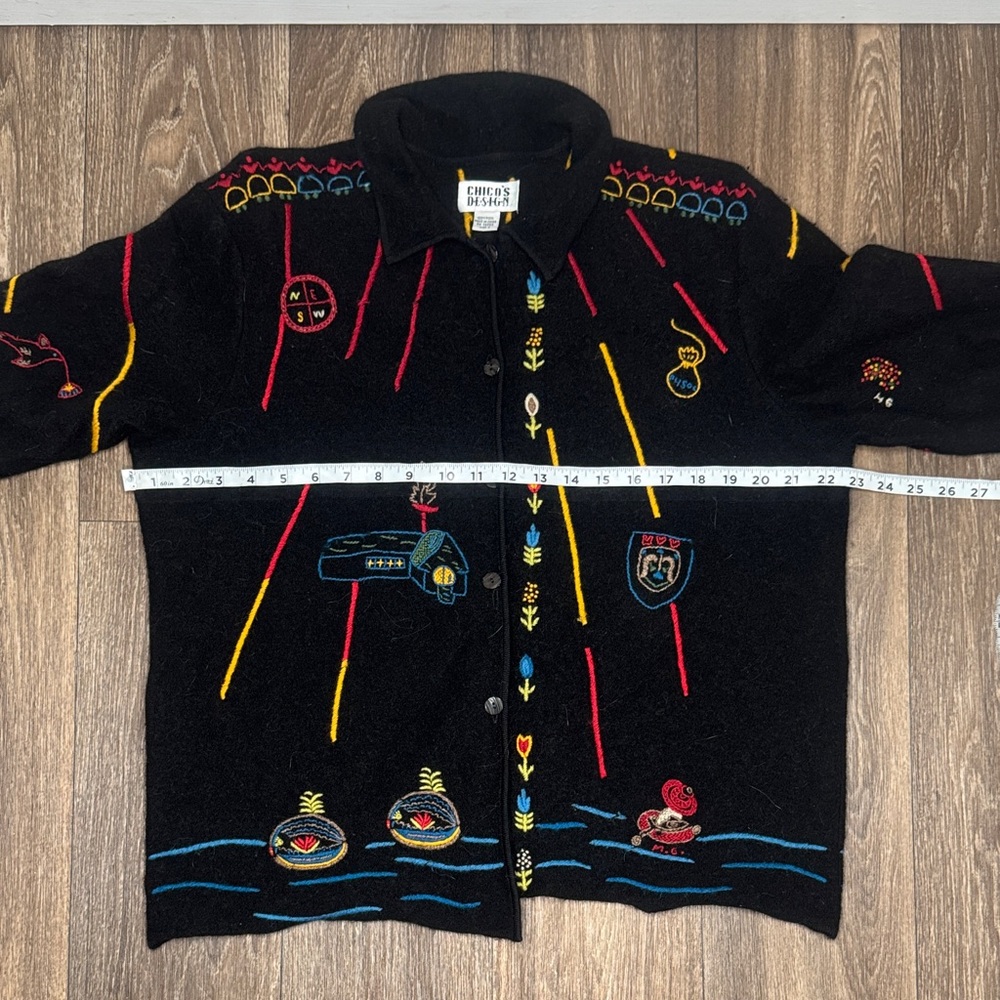 Chico's Black Cardigan with Multicolor Embroidery Sweater Women’s Size 2 - Picture 9 of 14